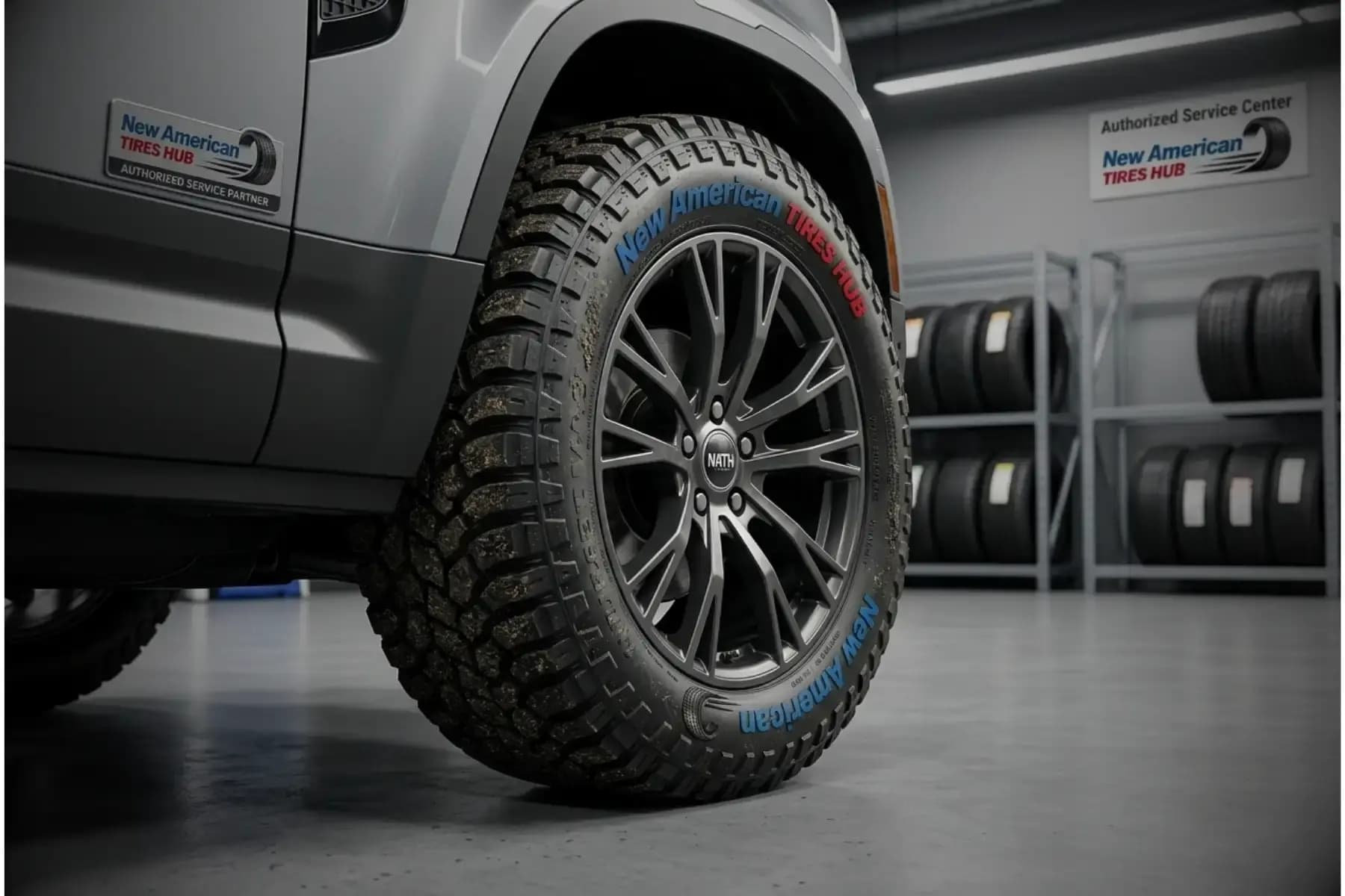 A New American Tires Hub warehouse aisle stocked with tires