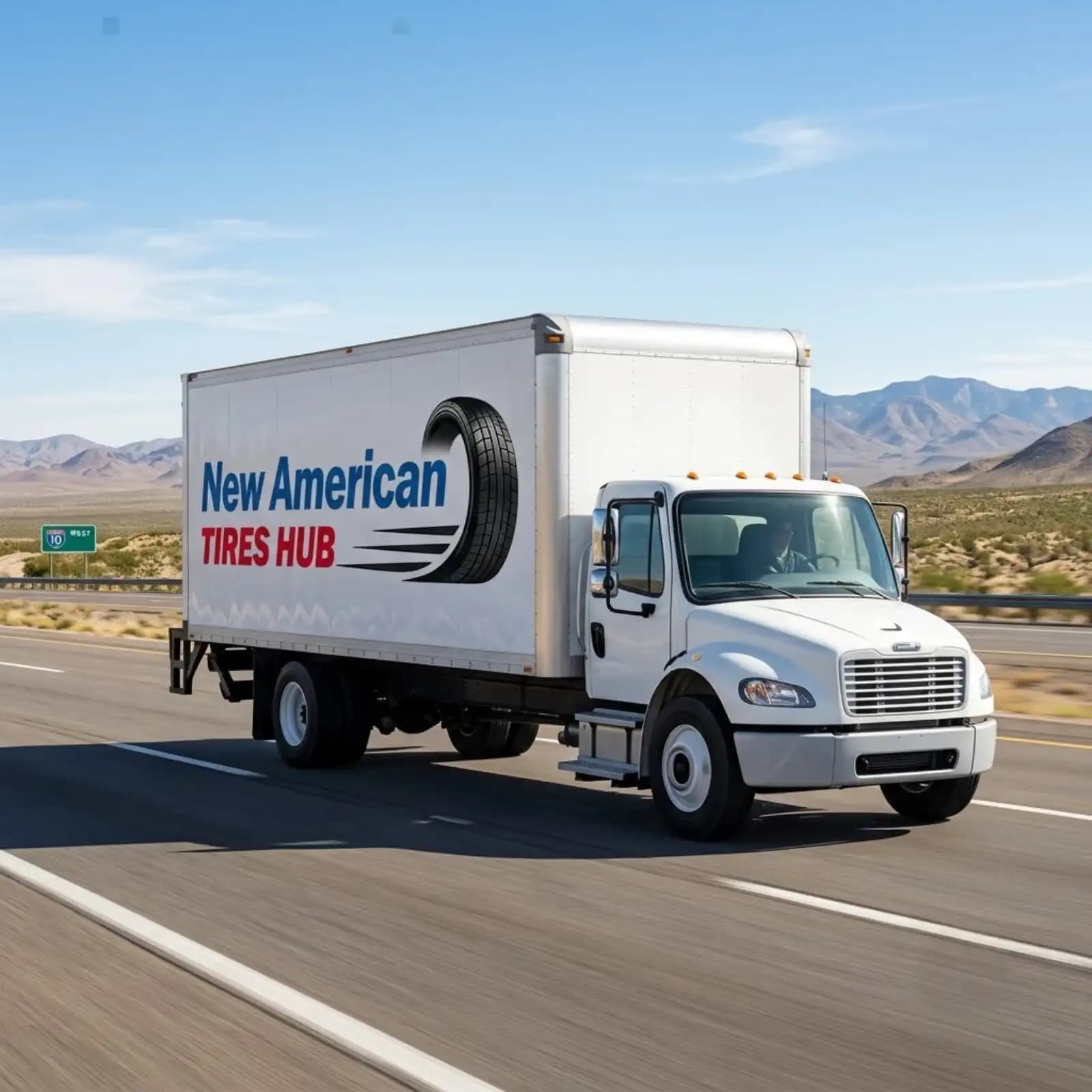 A New American Tires Hub delivery truck on the highway