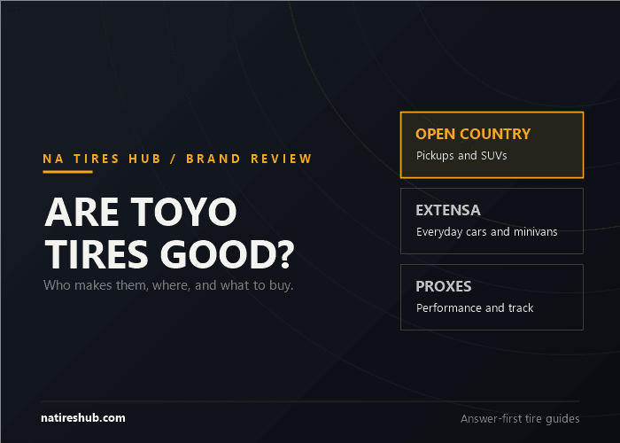 Are Toyo tires good: brand review card showing the Open Country, Extensa and Proxes tire families