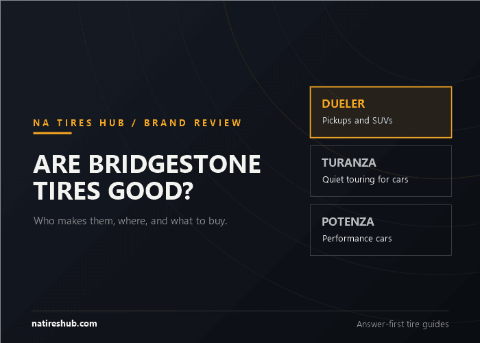 Are Bridgestone tires good: brand review card showing the Dueler, Turanza and Potenza tire families