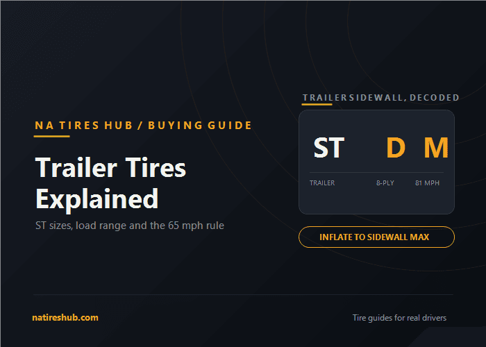 Trailer Tires Explained featured card decoding an ST sidewall: Special Trailer, load range D 8-ply, speed symbol M 81 mph
