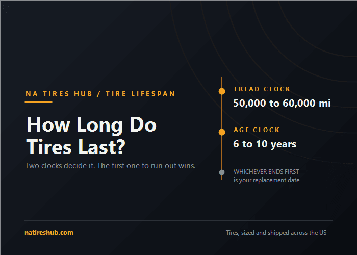 Dark graphic titled How Long Do Tires Last showing two clocks, a tread clock at 50,000 to 60,000 miles and an age clock at 6 to 10 years, whichever ends first