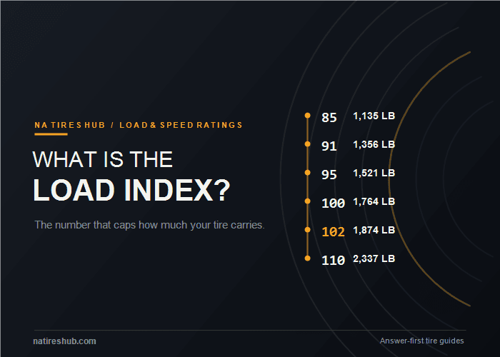 Tire load index chart from 85 at 1,135 lb to 110 at 2,337 lb