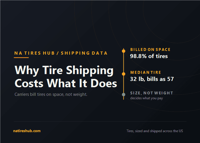 Dark blue graphic titled Why Tire Shipping Costs What It Does, with a data rail showing 98.8 percent of tires billed on space and a median tire that weighs 32 pounds but bills as 57 pounds