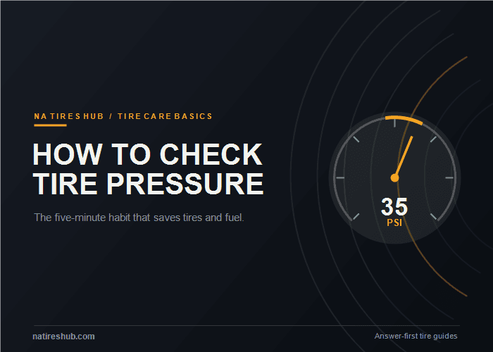 Tire pressure gauge reading 35 PSI, the typical recommended pressure for a passenger car