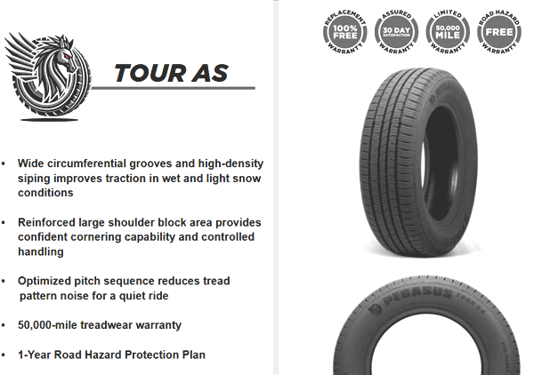 215/65R17 PEGASUS TOUR A/S 99H 560A-A 50K+ ROAD HAZARD tire