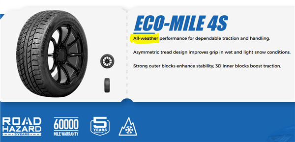225/50R17 TRAVELSTAR ECO-MILE 4S 93V XL ALL-WEATHER 520A-A 60K+ ROAD HAZARD tire