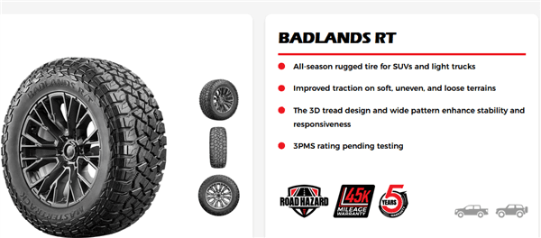 35X12.50R24LT MASTERTRACK BADLANDS R/T 116Q 12PLY 45K + ROAD HAZARD
