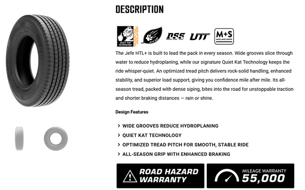 LT225/75R16 COSMO JEFE HTL+ 10PLY BW 55K+ROAD HAZARD 1