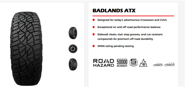 235/60R18 MASTERTRACK BADLANDS ATX 107H XL 620A-B 50K+ ROAD HAZARD 1